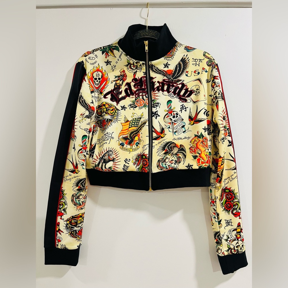 Ed Hardy Women's Tattoo Print y2k track Jacket - Black and Cream zip up closure